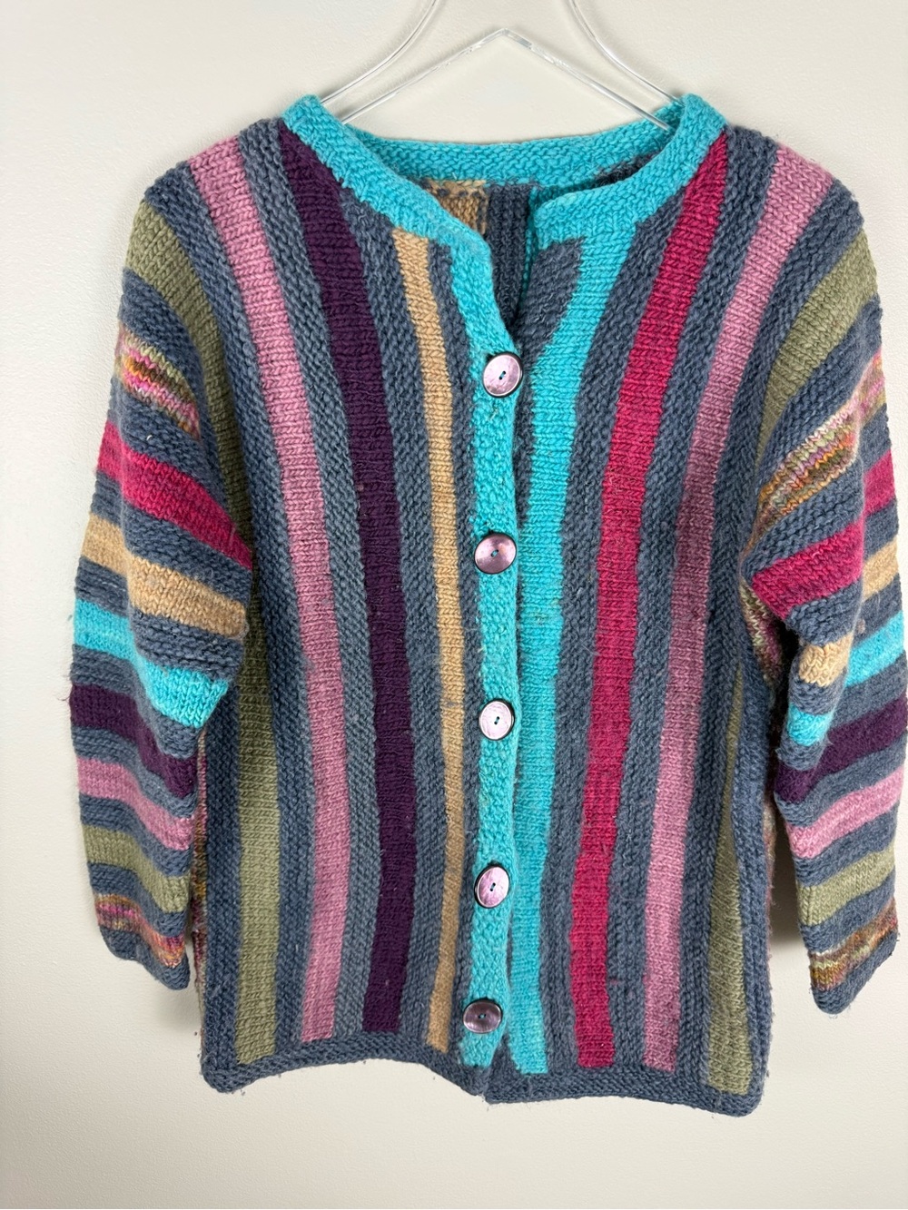Hand knit long-ish Button-Front Striped Knit Cardigan